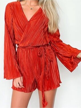 Pleated Satin Romper with Tie Belt